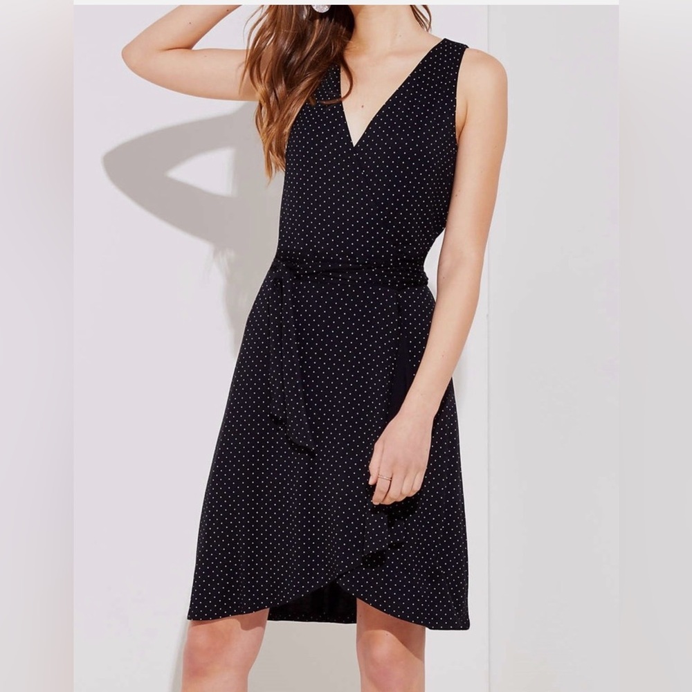 LOFT Black and White Polka Dot Midi Wrap Dress
